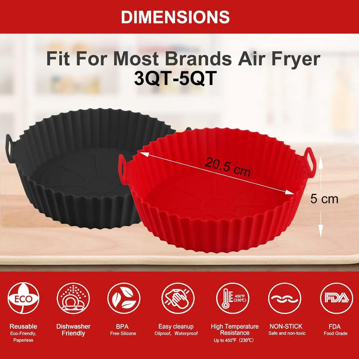 Silicone Air Fryer Liners | Non Stick Reusable Heat Resistant | Cooking Oven Insert Accessories | Baking Tray with Handles  (2 Pcs)