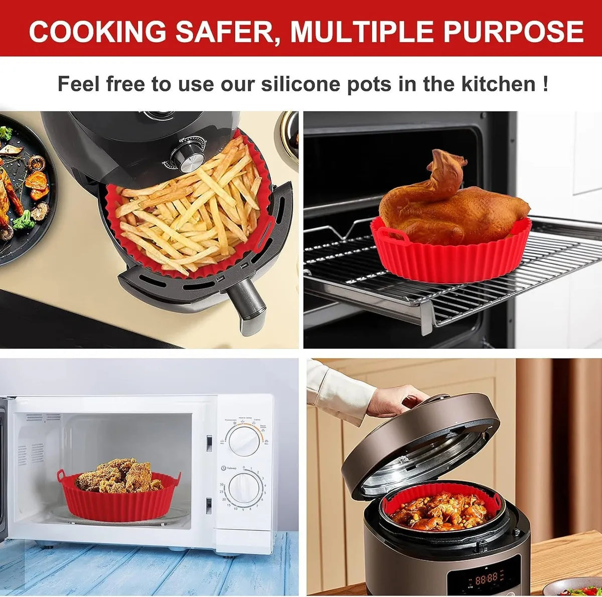 Silicone Air Fryer Liners | Non Stick Reusable Heat Resistant | Cooking Oven Insert Accessories | Baking Tray with Handles  (2 Pcs)